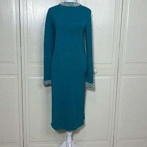 Monroe & Main Women’s Formal Pearl Trimmed Knit Dress Size Small Teal